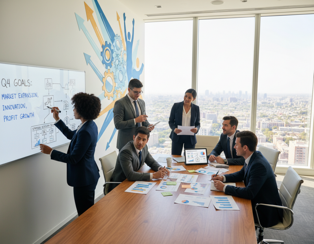 A business meeting scene set in a modern conference room with large windows showcasing a city skyline. In the foreground, a diverse group of professionals, dressed in smart business attire, are collaboratively working together. One person is writing goals on a whiteboard, while another points at a digital tablet displaying a strategic plan. The middle layer features a large table covered with charts, graphs, and notes representing aligned goals and resources. The background includes an inspiring wall mural depicting success and teamwork. The lighting is bright and inspirational, highlighting the optimistic atmosphere of strategic execution. Capture this scene from a slight above angle to emphasize the dynamics of teamwork and planning. A business meeting scene set in a modern conference room with large windows showcasing a city skyline. In the foreground, a diverse group of professionals, dressed in smart business attire, are collaboratively working together. One person is writing goals on a whiteboard, while another points at a digital tablet displaying a strategic plan. The middle layer features a large table covered with charts, graphs, and notes representing aligned goals and resources. The background includes an inspiring wall mural depicting success and teamwork. The lighting is bright and inspirational, highlighting the optimistic atmosphere of strategic execution. Capture this scene from a slight above angle to emphasize the dynamics of teamwork and planning.