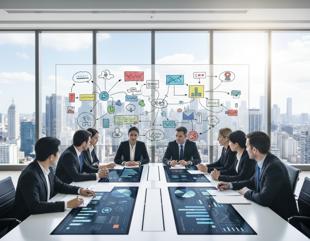 A bustling modern office environment as the foreground features a diverse group of professionals in business attire collaborating around a large conference table, studying charts and diagrams on digital screens. In the middle ground, a large whiteboard displays colorful mind maps and strategic frameworks, demonstrating innovation and teamwork. The background includes large windows offering a panoramic view of a city skyline, suggesting a thriving marketplace. The scene is illuminated by bright, natural light streaming in, creating an energetic and optimistic atmosphere. The composition captures the essence of strategic planning in action, emphasizing collaboration, creativity, and forward-thinking strategies for market success. A bustling modern office environment as the foreground features a diverse group of professionals in business attire collaborating around a large conference table, studying charts and diagrams on digital screens. In the middle ground, a large whiteboard displays colorful mind maps and strategic frameworks, demonstrating innovation and teamwork. The background includes large windows offering a panoramic view of a city skyline, suggesting a thriving marketplace. The scene is illuminated by bright, natural light streaming in, creating an energetic and optimistic atmosphere. The composition captures the essence of strategic planning in action, emphasizing collaboration, creativity, and forward-thinking strategies for market success.