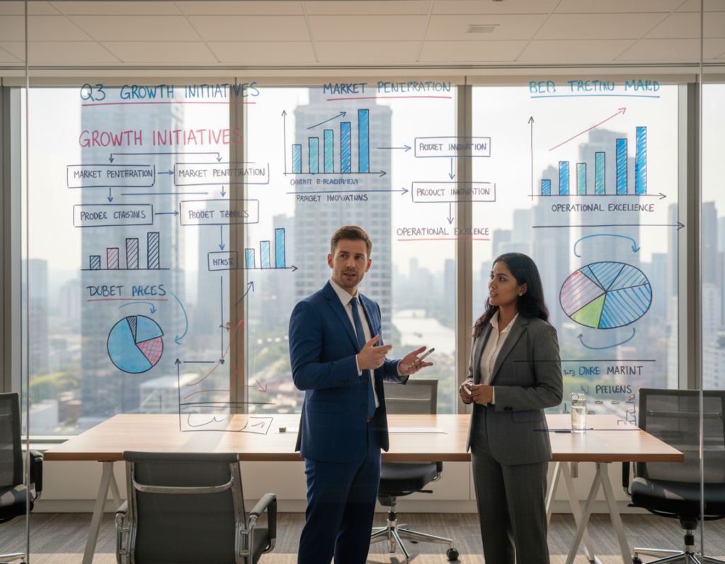 A detailed planning framework strategy map set in a modern office environment. In the foreground, a large whiteboard displays colorful charts, graphs, and interconnected flowcharts representing different strategies and goals. The midground showcases two professional individuals, one male and one female, dressed in business attire, engaged in an animated discussion while pointing at the strategy map. In the background, large windows let in soft natural light, illuminating the space and providing a view of a city skyline. The atmosphere is collaborative and focused, highlighting teamwork and strategic thinking. Use a high-resolution lens to capture the vibrant colors and intricate details of the charts, ensuring clarity and depth in the image.