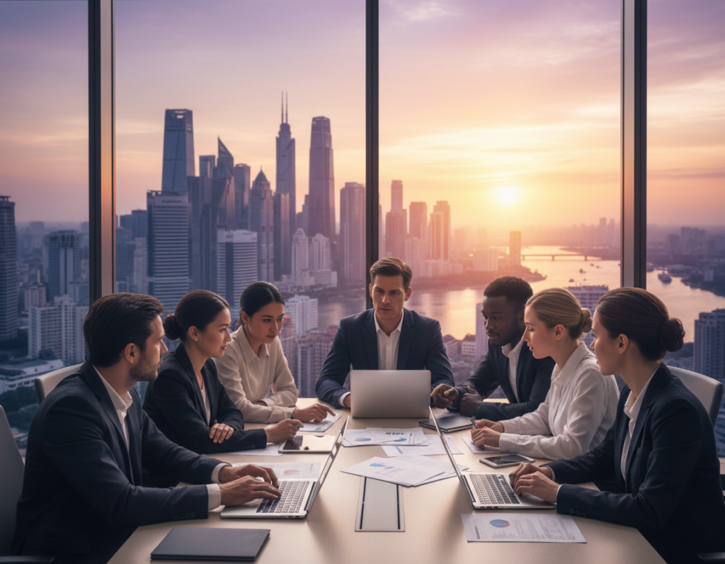 A determined leader stands at the forefront of a diverse team, their expressions reflecting confidence and focus. The foreground features a close-up of the leader, dressed in professional attire, engaged in a discussion with team members. In the middle ground, individuals from various backgrounds collaborate around a large table strewn with documents and digital devices, showcasing adaptability and teamwork. In the background, a large window reveals a city skyline at sunset, symbolizing hope and opportunity. Soft, warm lighting bathes the scene, creating a motivational atmosphere. The angle captures the dynamic energy of the team as they navigate challenges together, embodying resilience, decision-making, and crisis management skills at multiple levels. A determined leader stands at the forefront of a diverse team, their expressions reflecting confidence and focus. The foreground features a close-up of the leader, dressed in professional attire, engaged in a discussion with team members. In the middle ground, individuals from various backgrounds collaborate around a large table strewn with documents and digital devices, showcasing adaptability and teamwork. In the background, a large window reveals a city skyline at sunset, symbolizing hope and opportunity. Soft, warm lighting bathes the scene, creating a motivational atmosphere. The angle captures the dynamic energy of the team as they navigate challenges together, embodying resilience, decision-making, and crisis management skills at multiple levels.