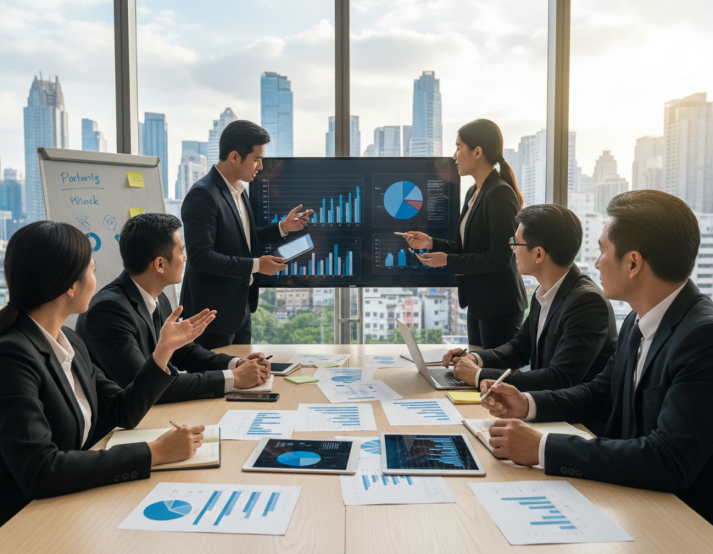 A dynamic corporate scene depicting a diverse group of professionals in business attire engaging in a strategic planning session. Foreground: a sleek conference table scattered with charts, graphs, and digital devices illustrating portfolio investment strategies. Middle: animated discussions among individuals representing various fields, including finance, marketing, and technology, all focused on prioritizing investments. Background: a glass window showcasing a city skyline, symbolizing growth and opportunity, with soft natural light pouring into the room. The atmosphere should feel collaborative and innovative, with a sense of determination and focus reflecting the importance of resource allocation. Make sure the composition highlights the professionalism and seriousness of the topic.