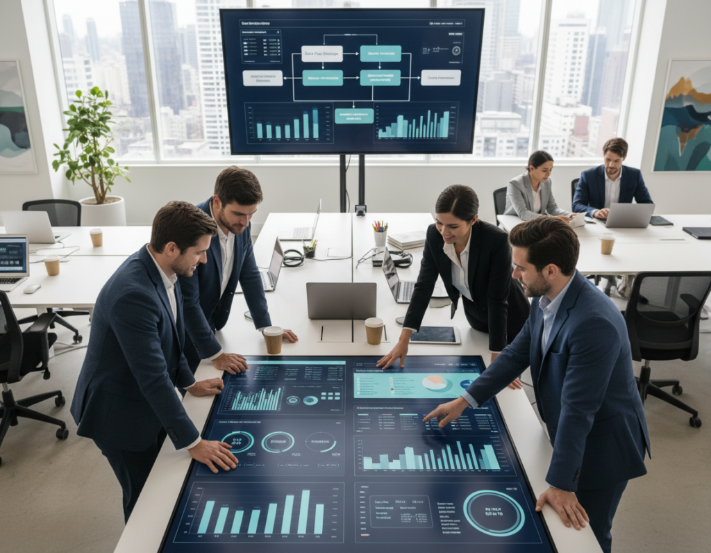 A dynamic office environment showcasing a diverse team engaged in a collaborative workflow focused on system optimization. In the foreground, a team of professionals—two men and two women—are examining a digital dashboard filled with performance metrics and charts, dressed in smart business attire. In the middle ground, a large screen displays a flowchart illustrating optimization strategies and tools being used, surrounded by modern laptops and tablets. The background features a bright, contemporary workspace with large windows allowing natural light to flood in, creating a vibrant and motivating atmosphere. The mood is energetic and focused, emphasizing teamwork and proactive problem-solving. The perspective is slightly elevated, capturing the collaborative spirit of optimization and governance without any text or distractions.