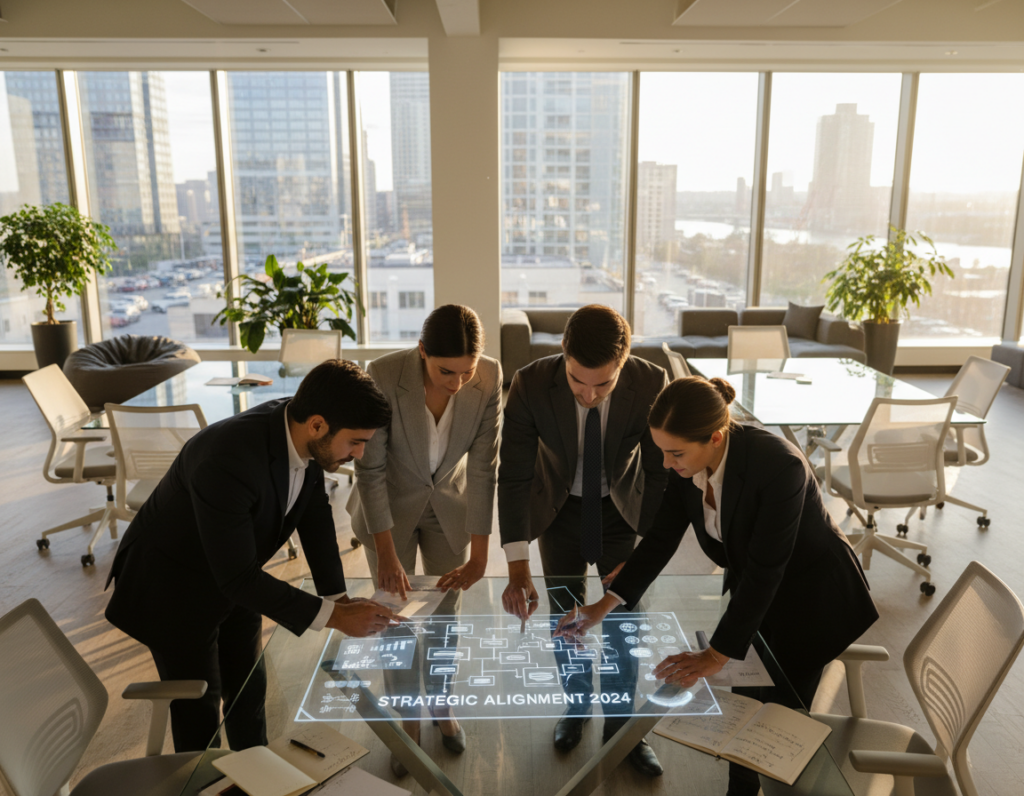 A dynamic scene illustrating aligned corporate and business strategies in a modern office environment. In the foreground, a diverse group of four professionals in business attire engaged in a collaborative discussion, analyzing a strategic plan on a large digital screen. The middle ground features strategically placed modern furniture, such as glass tables and ergonomic chairs, creating an inviting workspace. In the background, large windows allow natural light to flood the room, revealing a bustling cityscape. The atmosphere is focused and energetic, symbolizing innovation and teamwork. Use a wide-angle lens to capture the depth of the workspace, with soft, warm lighting to create a welcoming ambiance.