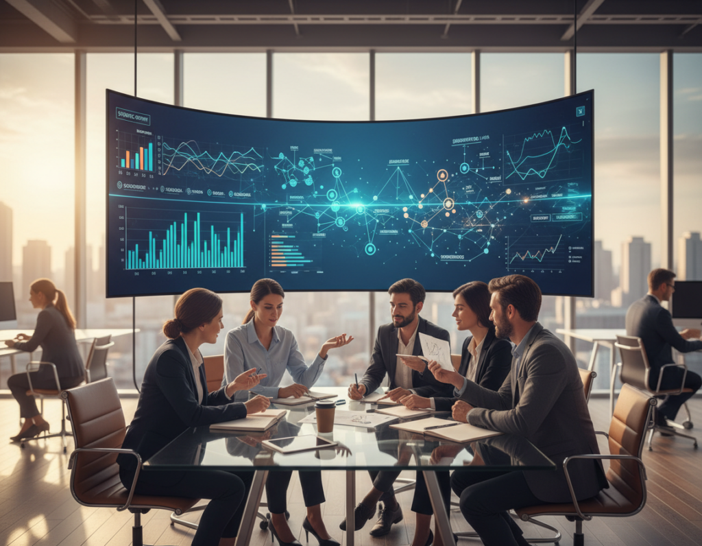 A dynamic scene illustrating the concept of "innovation effect" in a professional setting. In the foreground, a diverse group of four business professionals in smart attire engage in brainstorming around a modern glass table, animatedly discussing innovative ideas. The middle layer shows a large digital screen displaying vibrant infographics and charts representing strategic innovations and data analysis. In the background, a sleek office environment with large windows allows natural light to flood in, symbolizing clarity and openness. The atmosphere feels energetic yet focused, reflecting a balance between creativity and strategy. Use soft, warm lighting to enhance the collaborative spirit and capture the excitement of developing new strategies in the business world.