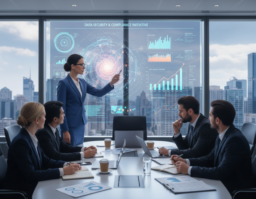 A high-tech conference room setting where a diverse team of professionals in business attire is engaged in a lively discussion around a large digital display showing colorful, complex data visualizations. In the foreground, a woman with glasses points to a graph indicating data quality metrics, while a man takes notes thoughtfully. The middle ground includes a table scattered with reports and laptops, while the background features a large window overlooking a cityscape, casting soft natural light into the room. The atmosphere is dynamic and focused, conveying a sense of urgency and importance in making data-driven decisions, with an emphasis on quality and security. The overall color palette is professional, incorporating blues and grays, creating a serious yet optimistic mood.