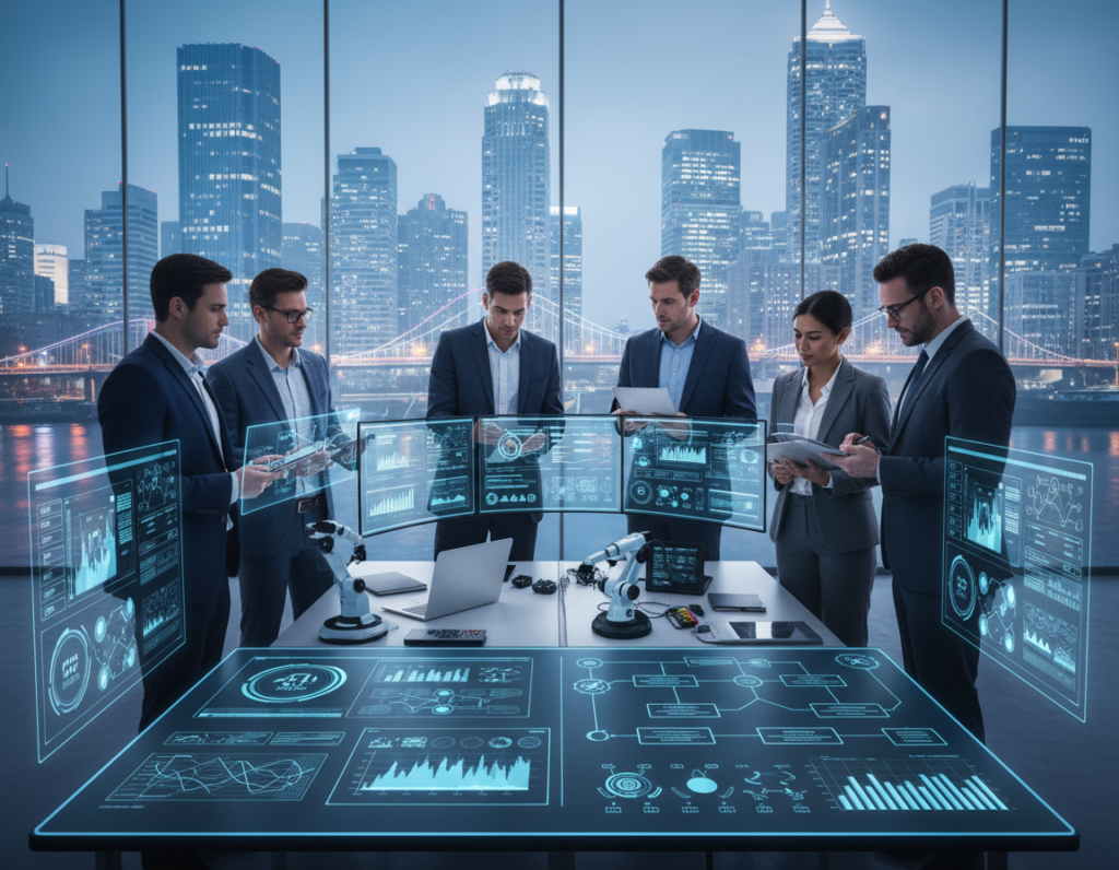 A modern office environment showcasing a collaborative workspace dedicated to technology automation tools. In the foreground, a large touchscreen display with dynamic data visualizations and workflow diagrams. A diverse group of professionals in business attire are engaged in discussion, analyzing data on digital devices. In the middle, sleek, state-of-the-art automation tools, including AI-driven software dashboards and robotics, are integrated into the workspace. The background features glass walls with a view of a tech-centric cityscape, highlighting advancement and innovation. The lighting is bright and energetic, emphasizing a productive atmosphere. The scene conveys a sense of efficiency and forward-thinking, ideal for modern operations in business systems.
