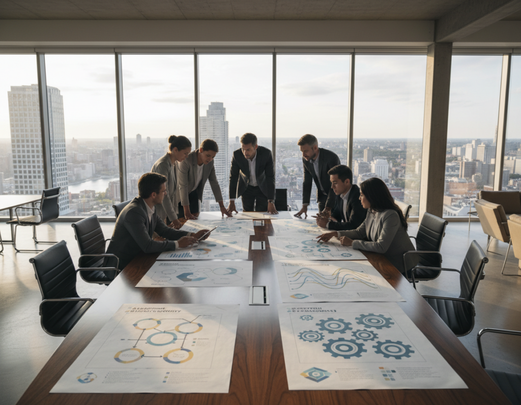 A modern office environment showcasing various practical resilience frameworks. In the foreground, a large, elegant table with intricate diagrams and charts illustrating different frameworks, each labeled with a unique visual design. In the middle, a diverse group of professionals, dressed in business attire, deeply engaged in discussion, analyzing the frameworks. The background features large glass windows letting in warm, natural light, with a city skyline view, creating a sense of openness and opportunity. The atmosphere is collaborative and focused, with subtle shadows and a soft, inviting color palette emphasizing a sense of stability and performance under pressure. Wide-angle shot to capture the collaborative dynamic.
