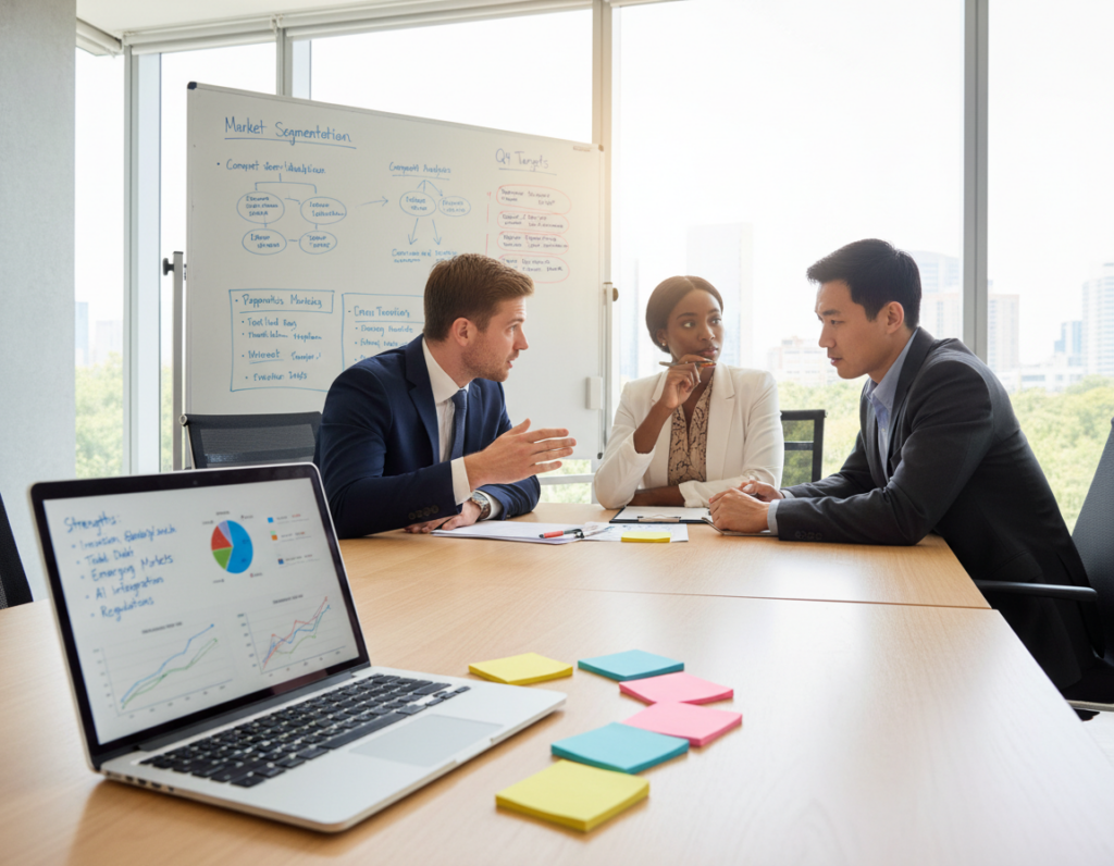 A professional business setting depicts a strategic planning session. Foreground features an open laptop displaying market data graphs, alongside colorful sticky notes outlining SWOT analysis points. In the middle, a diverse group of three business professionals—two men and one woman—are deeply engaged in discussion, dressed in formal business attire. They exude concentration and collaboration. The background features a large whiteboard filled with diagrams and charts, capturing insights from market research. Natural light floods the room through large windows, creating a bright, inviting atmosphere. The camera angle is slightly elevated, providing a comprehensive view of the team interaction and strategic materials. The mood is focused and dynamic, emphasizing teamwork and analytical thinking in business strategy. A professional business setting depicts a strategic planning session. Foreground features an open laptop displaying market data graphs, alongside colorful sticky notes outlining SWOT analysis points. In the middle, a diverse group of three business professionals—two men and one woman—are deeply engaged in discussion, dressed in formal business attire. They exude concentration and collaboration. The background features a large whiteboard filled with diagrams and charts, capturing insights from market research. Natural light floods the room through large windows, creating a bright, inviting atmosphere. The camera angle is slightly elevated, providing a comprehensive view of the team interaction and strategic materials. The mood is focused and dynamic, emphasizing teamwork and analytical thinking in business strategy.