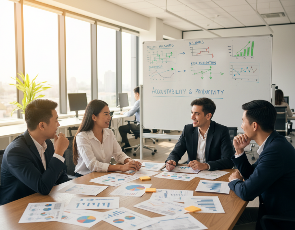A professional office setting showcasing the diverse benefits of action plans, in the foreground, a diverse group of four business professionals, two men and two women, engaged in an animated discussion around a table cluttered with action plan documents and colorful charts. In the middle ground, a large whiteboard displays clear goal timelines and positive metrics, emphasizing accountability and productivity. The background features a bright, modern office with large windows letting in natural light, creating a dynamic and motivating atmosphere. The image is captured with a wide-angle lens to enhance depth and focus, exuding a sense of teamwork and collaboration. The overall mood is energetic and inspiring, reflecting the positive impacts of well-structured action plans on project success and risk management.