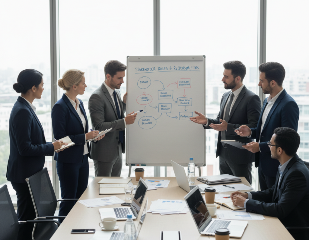 A professional project planning meeting in a modern conference room. In the foreground, diverse team members in business attire, including a woman in a navy blazer and a man in a tailored suit, actively discussing a large diagram of stakeholder roles and responsibilities on a whiteboard. In the middle ground, a large conference table with laptops, documents, and coffee cups, emphasizing collaboration. The background features a large window with natural light streaming in, illuminating the room with a bright, focused atmosphere. The lens captures the scene from a slightly elevated angle, creating depth and highlighting the engagement of the participants. The overall mood is productive and accountable, reflecting teamwork and clarity in roles.