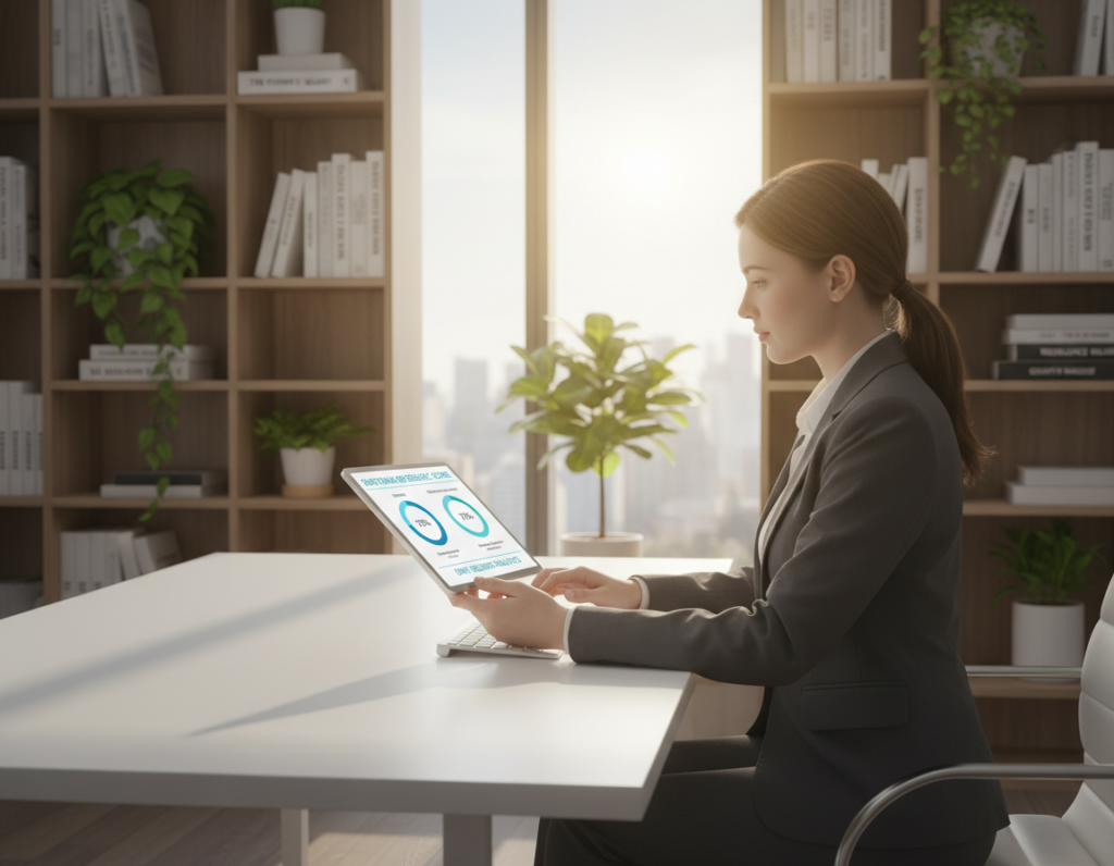 A serene office environment showcasing a professional woman in smart business attire, seated at a sleek desk while assessing resilience metrics on a digital tablet. In the foreground, the tablet displays graphical data and progress charts on emotional resilience, emphasizing analytical elements. The middle ground features a large window with soft natural light pouring in, illuminating the scene and creating a sense of hope and optimism. In the background, bookshelves filled with self-help literature and plants add a calming touch, enhancing the atmosphere of growth and stability. The overall mood is determined yet peaceful, encapsulating the essence of resilience assessment in a modern workplace setting.