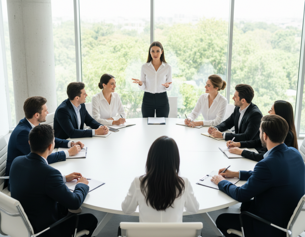 A serene scene depicting a diverse group of professionals, consisting of both men and women in business attire, gathered around a large, round table in a bright, modern office. In the foreground, one individual is standing confidently, gesturing with enthusiasm as they share ideas, illustrating the act of reframing narratives around failure. In the middle ground, others are engaged in attentive listening, taking notes, and sharing smiles, showcasing an atmosphere of collaboration and growth. The background features large windows allowing natural light to flood the room, with lush greenery visible outside, symbolizing renewal and opportunity. The overall mood is uplifting and motivational, invoking a sense of hope and resilience. The angle is slightly elevated, providing a comprehensive view of the dynamic interaction.