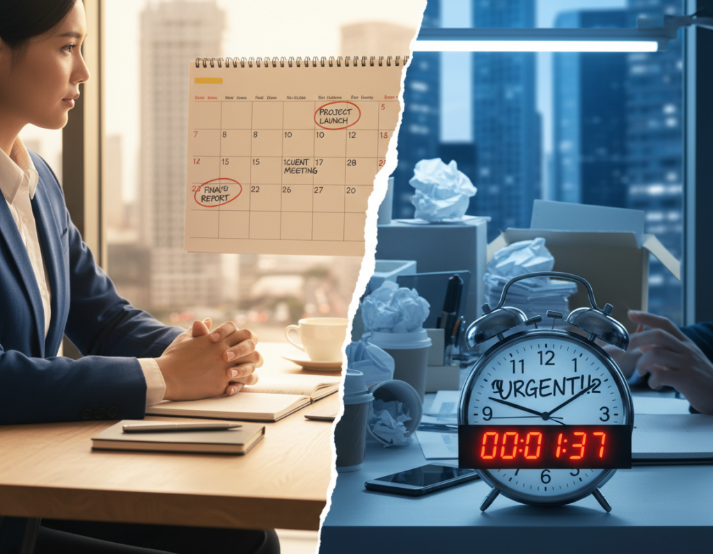 A split scene illustrating the concept of “real deadlines” versus “manufactured urgency.” In the foreground, a calm office desk with a focused professional in business attire, contemplating a calendar filled with genuine deadlines, highlighted by soft, warm lighting that creates a sense of clarity and purpose. In the middle, contrasting this, a chaotic desk overflowing with crumpled papers and a ticking clock, symbolizing the pressure of artificial urgency, depicted in harsh, cold lighting to evoke stress. The background features a blurred city skyline, suggesting outside distractions and the noise of modern life, enhancing the tension. The overall mood is contemplative yet decisive, encapsulating the struggle between authenticity and urgency.