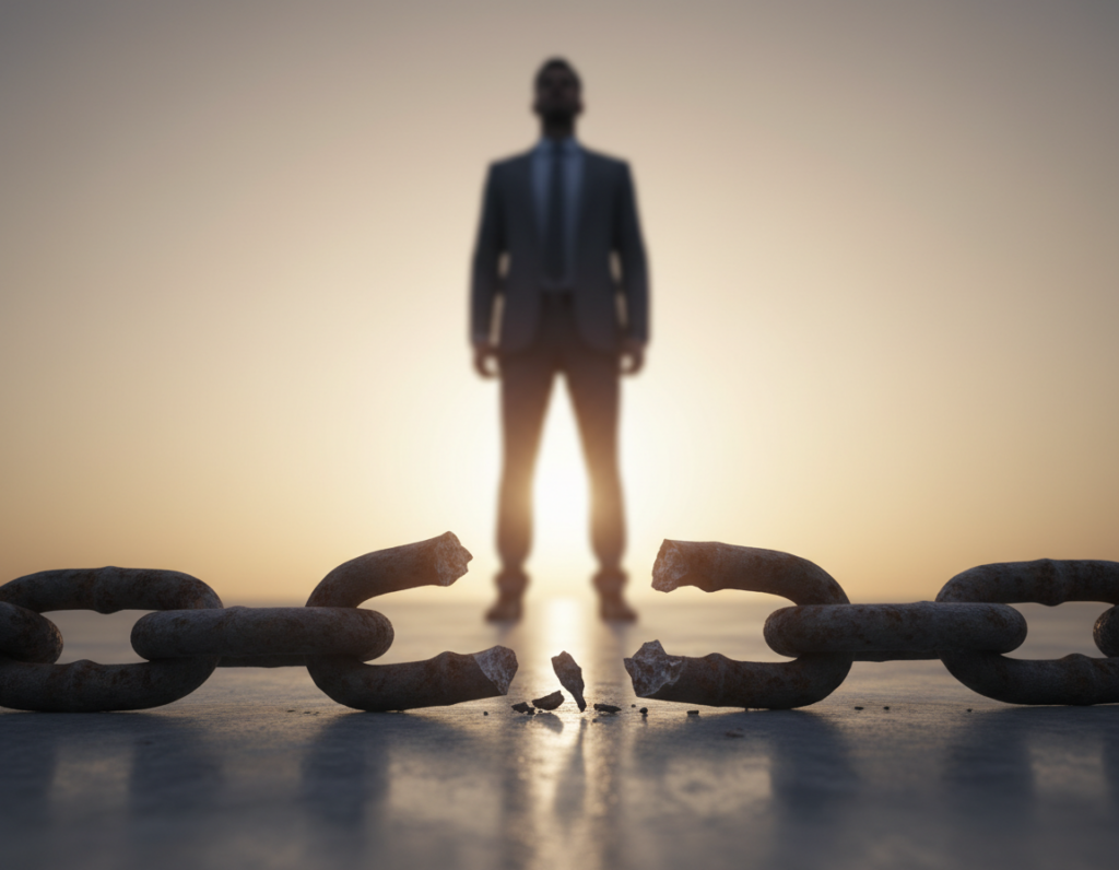 A strong and impactful image of a broken chain representing the idea of breaking free from old habits, set against a stark, minimalistic backdrop. In the foreground, a close-up of a rusted chain link lying in fragments on a smooth, polished surface, capturing the moment of rupture with sharp detail. The middle ground features a blurred silhouette of a professional individual standing confidently, dressed in business attire, looking past the broken chain, symbolizing focus and determination. The background is softly lit with warm, golden tones, suggesting a sunrise that conveys hope and new beginnings. The atmosphere is one of empowerment and liberation, reflecting the theme of establishing habit-based systems for achieving consistent success. The composition should be shot at a slight downward angle to emphasize the broken chain as the central subject.