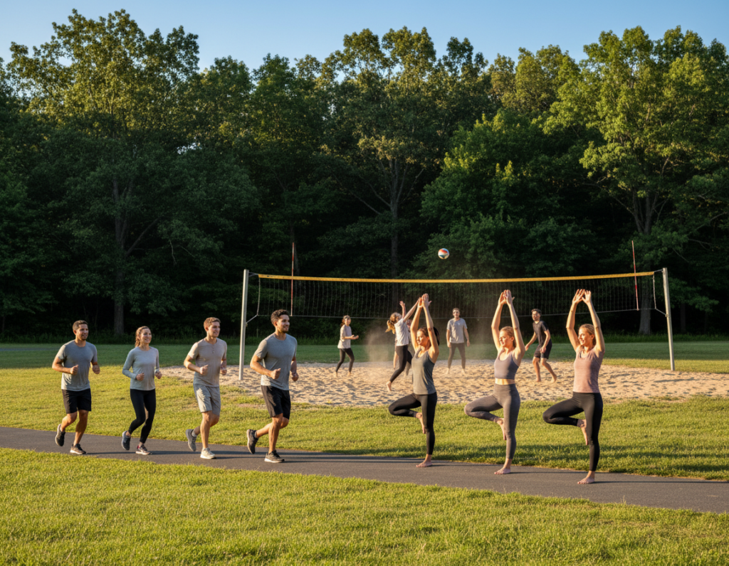 A vibrant outdoor scene depicting individuals engaged in various forms of physical activity, showcasing their strength and energy. In the foreground, a diverse group of people in modest athletic wear is jogging and doing yoga on a sunlit park path. The middle of the image captures others participating in a friendly game of volleyball, with joyful expressions and dynamic movements. In the background, lush trees and a clear blue sky enhance the sense of vitality. The lighting is bright and warm, suggesting a late afternoon glow, highlighting the determination and joy in their activities. The overall mood is uplifting and invigorating, emphasizing the importance of physical activity in promoting resilience and well-being.