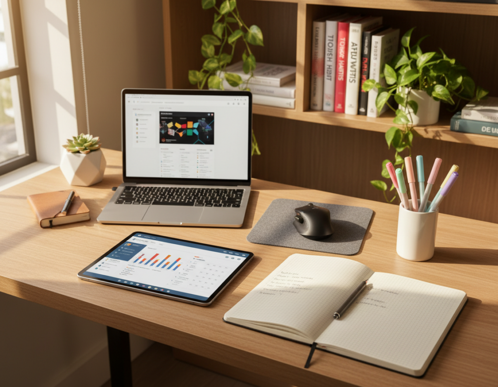 A well-organized workspace featuring an array of productivity tools, arranged thoughtfully on a clean wooden desk. In the foreground, a sleek digital tablet displays a colorful productivity app interface, alongside a stylish notebook and a set of vibrant pens. In the middle, a modern laptop and an ergonomic mouse highlight the digital elements, complemented by a cozy, hybrid setup blending paper and digital mediums. The background showcases a soft-focus bookshelf filled with motivational books and plants, creating a calm atmosphere. Use warm, natural lighting to enhance the inviting mood, with a slight overhead angle to capture the arrangement harmoniously. Aim for a professional and inspiring visual conducive to productivity.